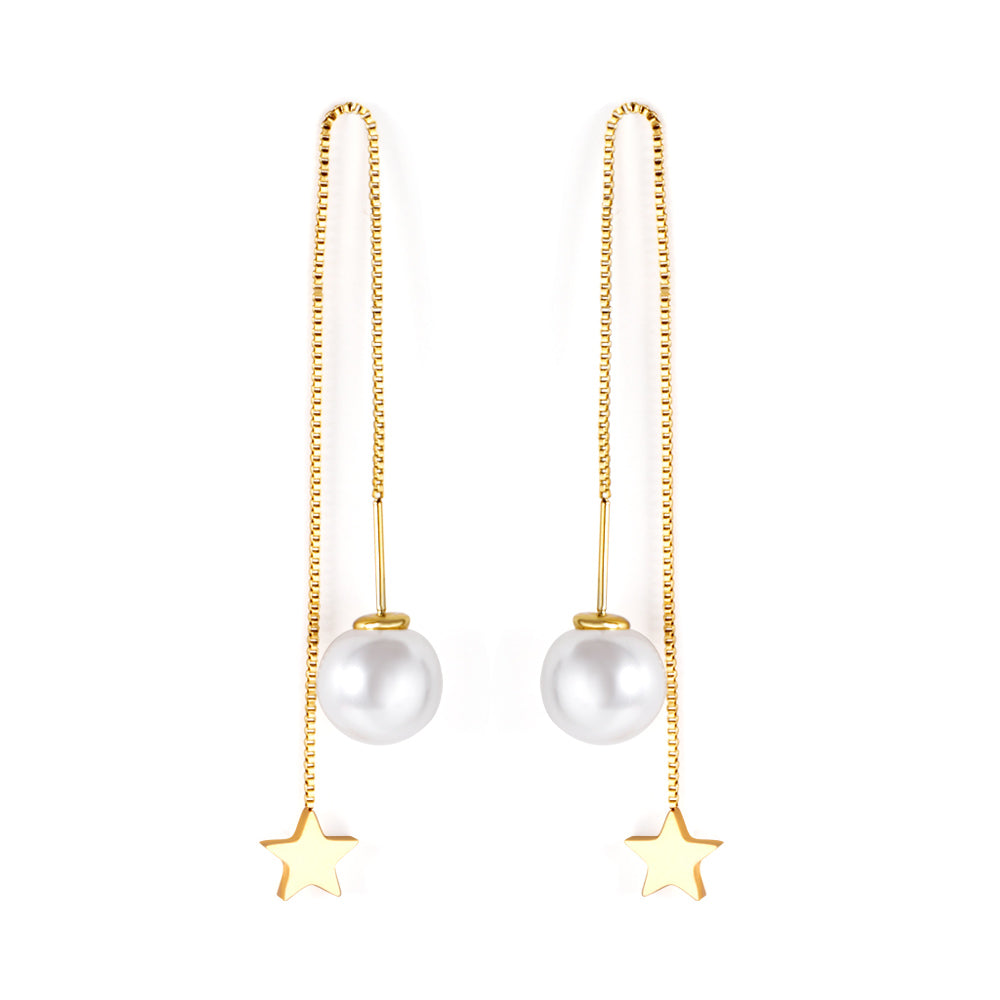 Star Charm Pearl Threader Drop Earrings