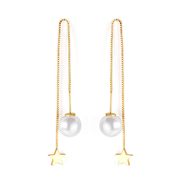 Gold Star & Pearl Threader Earrings | Dainty Chain Drop Earrings for Women