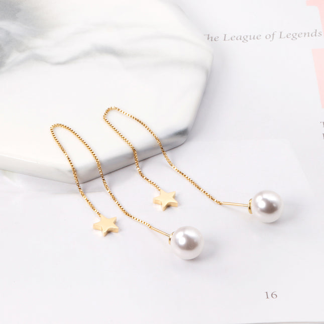 Gold Star & Pearl Threader Earrings | Dainty Chain Drop Earrings for Women