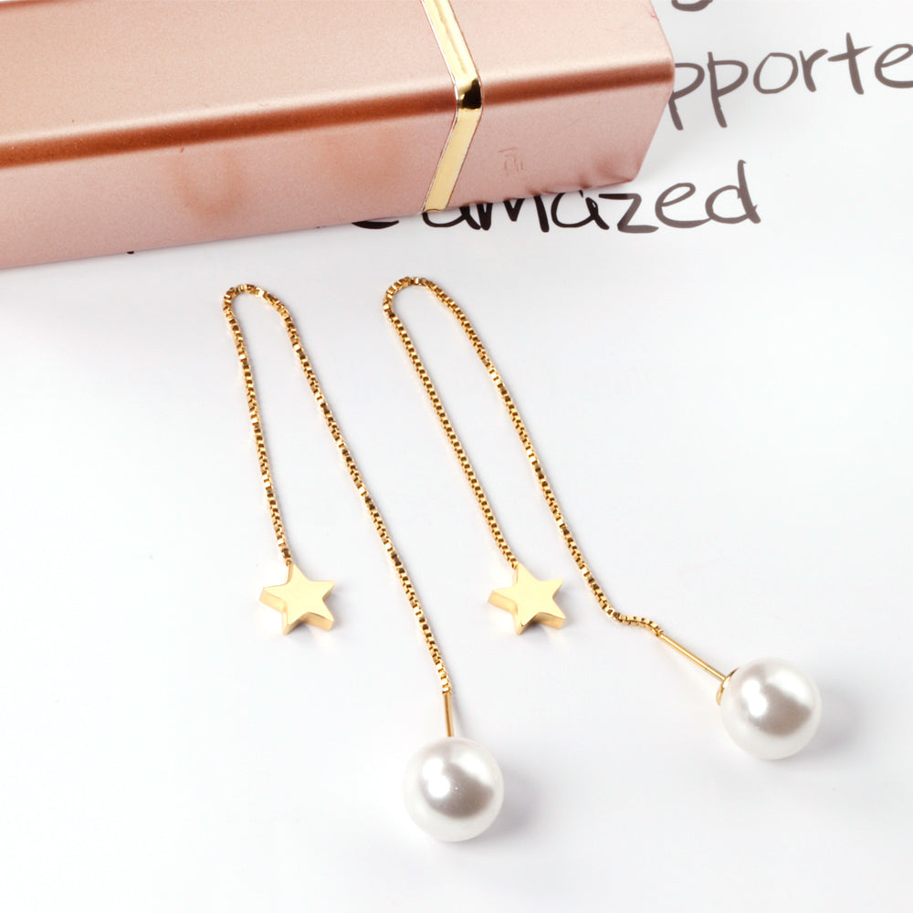 Star Charm Pearl Threader Drop Earrings