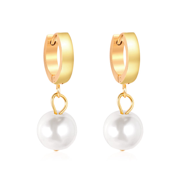 Gold Pearl Drop Huggie Earrings | Minimal Classic Hoops for Women