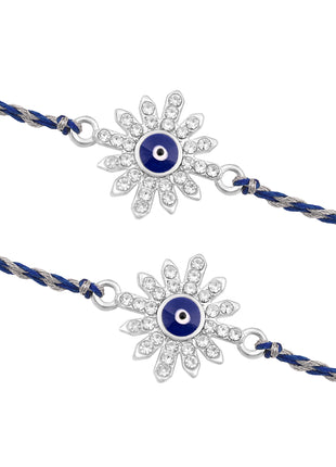 Silver Flower Evil Eye Rakhi Blue Thread Pack of 2