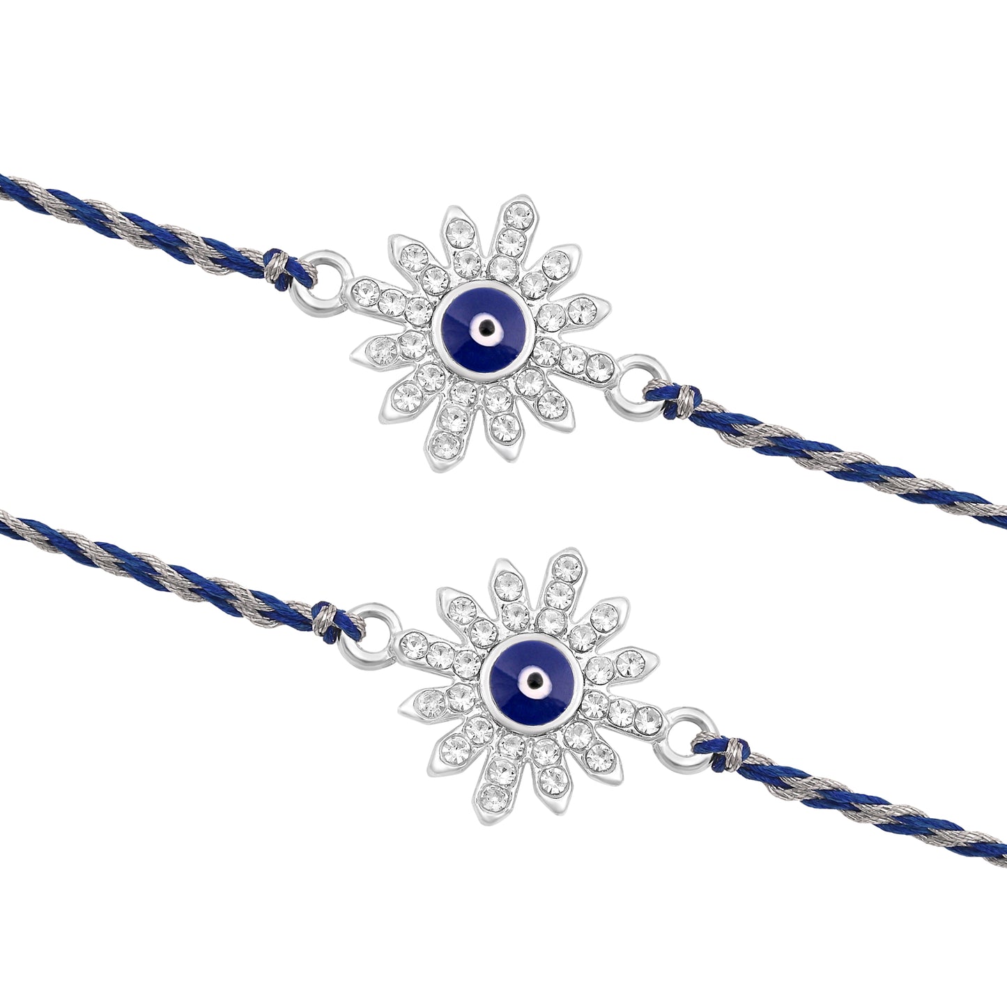 Silver Flower Evil Eye Rakhi Blue Thread