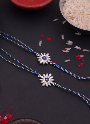 Silver Flower Evil Eye Rakhi Blue Thread Pack of 2