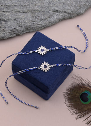 Silver Flower Evil Eye Rakhi Blue Thread Pack of 2