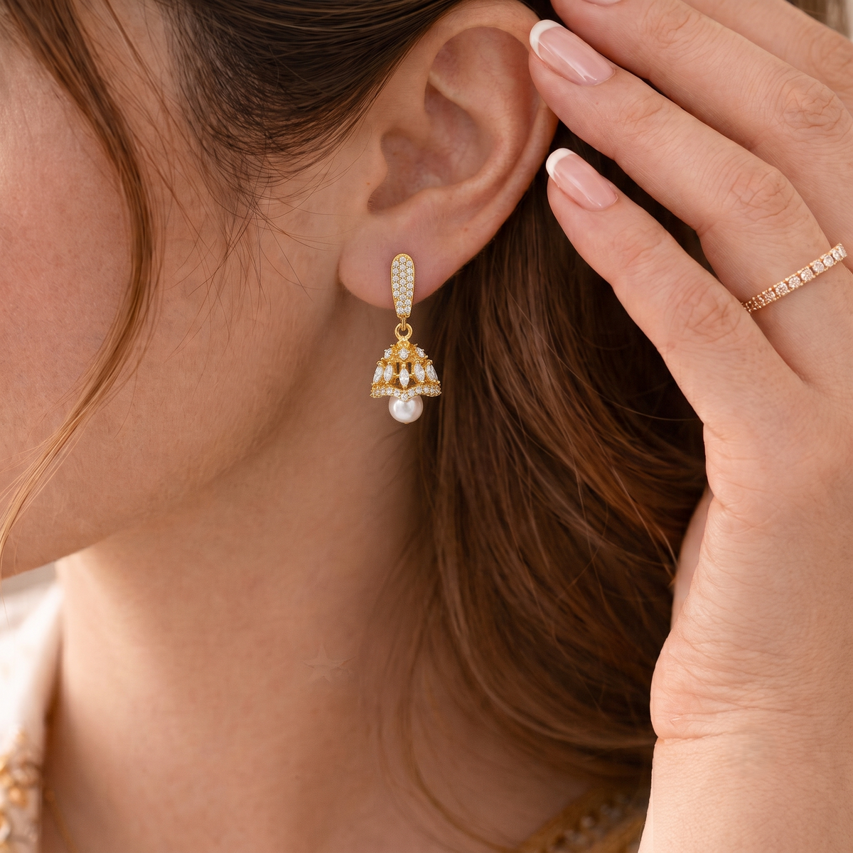 Gold Plated Small American Diamond Mini Pearl Jhumki Earrings for Women