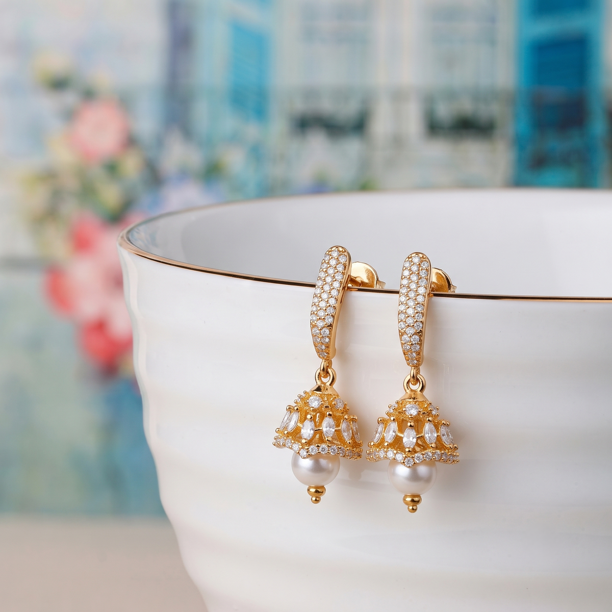 Gold Plated Small American Diamond Mini Pearl Jhumki Earrings for Women