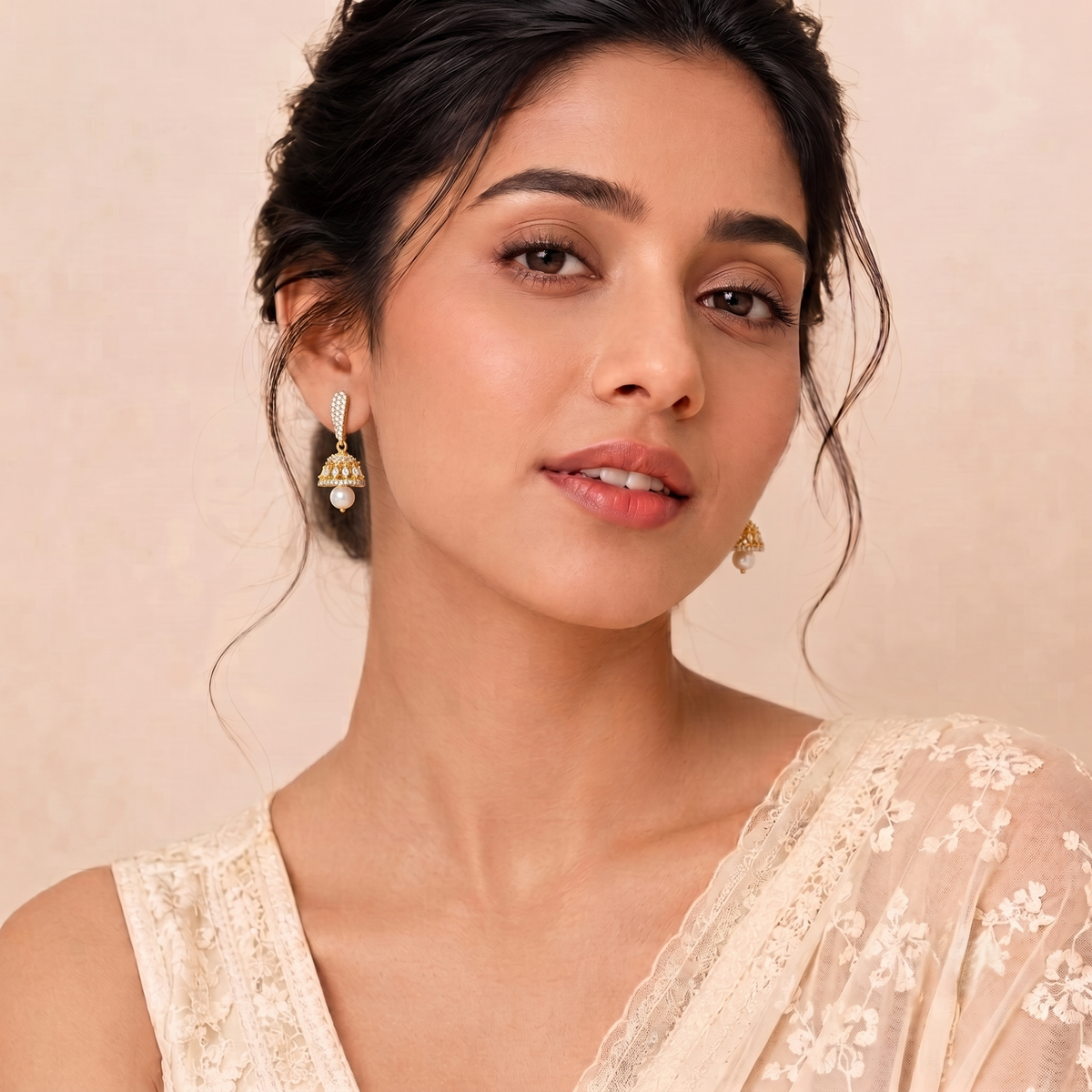 Gold Plated Small American Diamond Mini Pearl Jhumki Earrings for Women