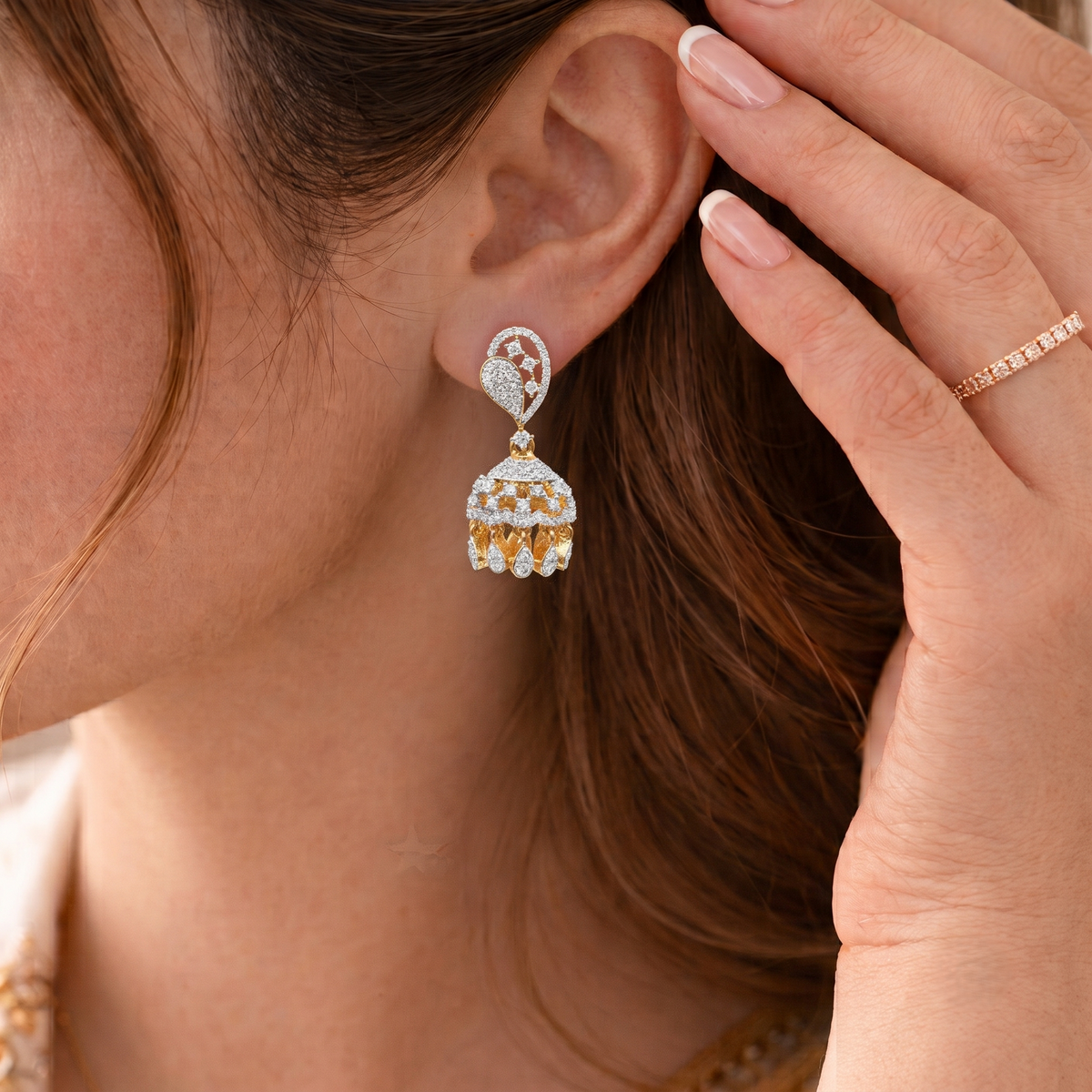 Gold Plated Brass Small American Diamond Jhumki Earrings for Women