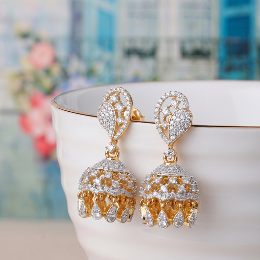 Gold Plated Brass Small American Diamond Jhumki Earrings for Women