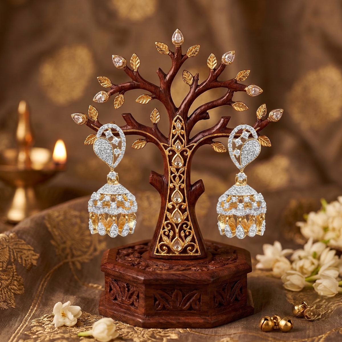 Gold Plated Brass Small American Diamond Jhumki Earrings for Women