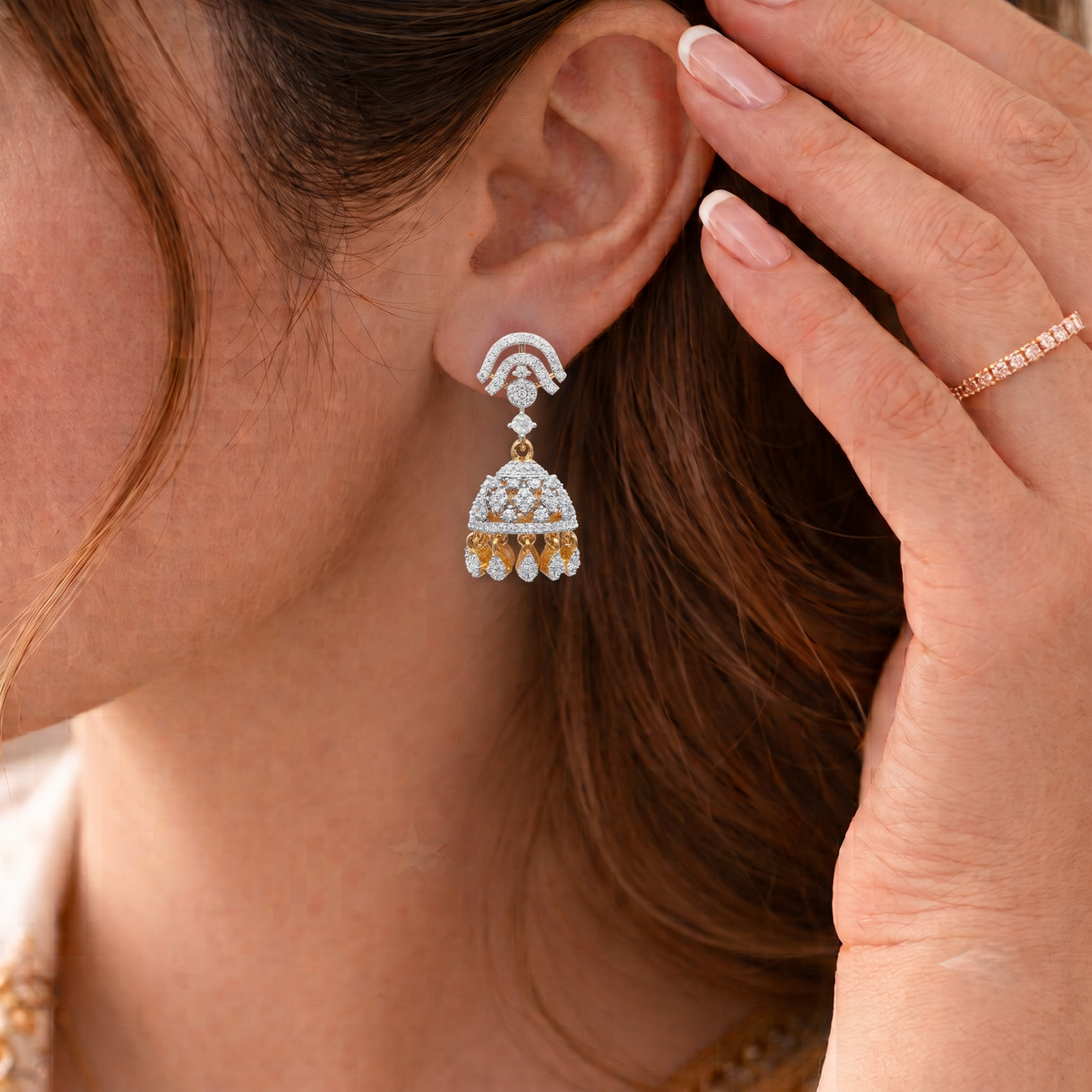 Gold Plated Brass Small American Diamond Jhumki Earrings for Women