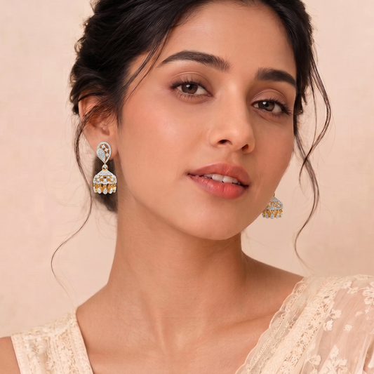 Gold Plated Brass Small American Diamond Jhumki Earrings for Women