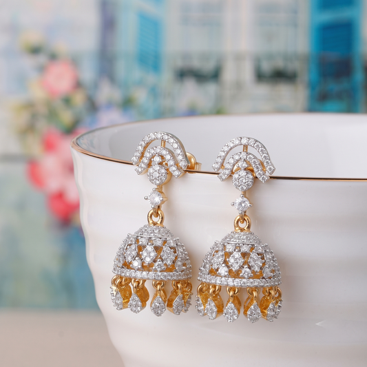 Gold Plated Brass Small American Diamond Jhumki Earrings for Women