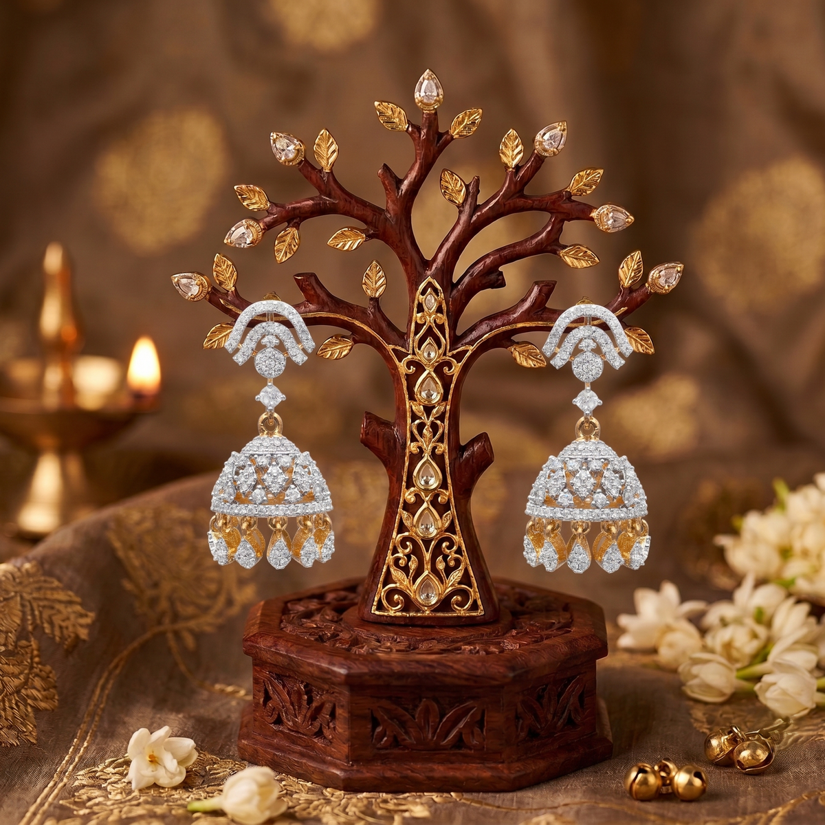 Gold Plated Brass Small American Diamond Jhumki Earrings for Women