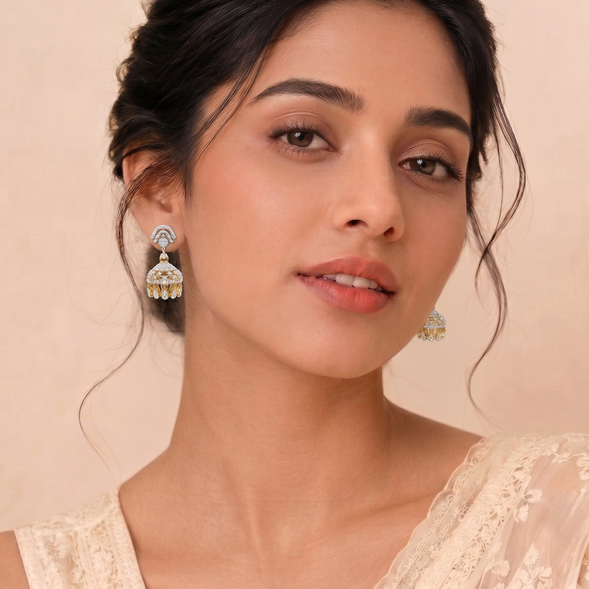 Gold Plated Brass Small American Diamond Jhumki Earrings for Women