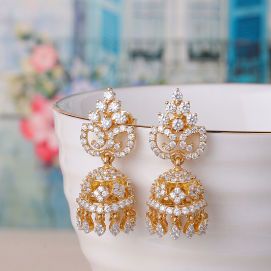 Gold Plated Brass Small American Diamond Jhumki Earrings for Women
