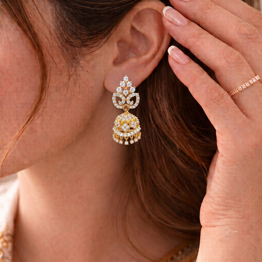 Gold Plated Brass Small American Diamond Jhumki Earrings for Women