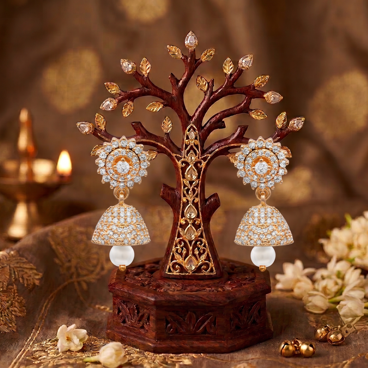 Gold Plated Brass Small American Diamond Jhumki Earrings for Women