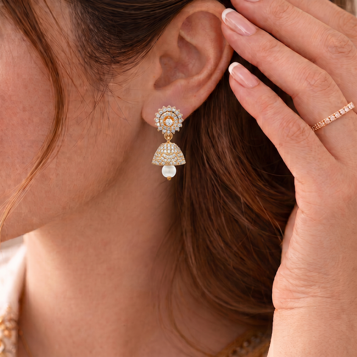 Gold Plated Brass Small American Diamond Jhumki Earrings for Women