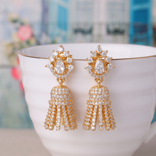 Gold Plated Brass Small American Diamond Jhumki Earrings for Women