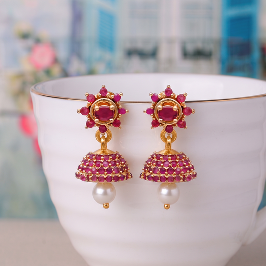 Gold Plated Brass Small Ruby Red CZ Stone Jhumki Earrings for Women