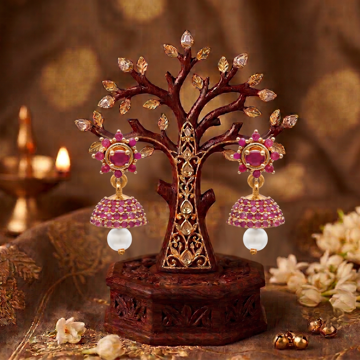 Gold Plated Brass Small Ruby Red CZ Stone Jhumki Earrings for Women