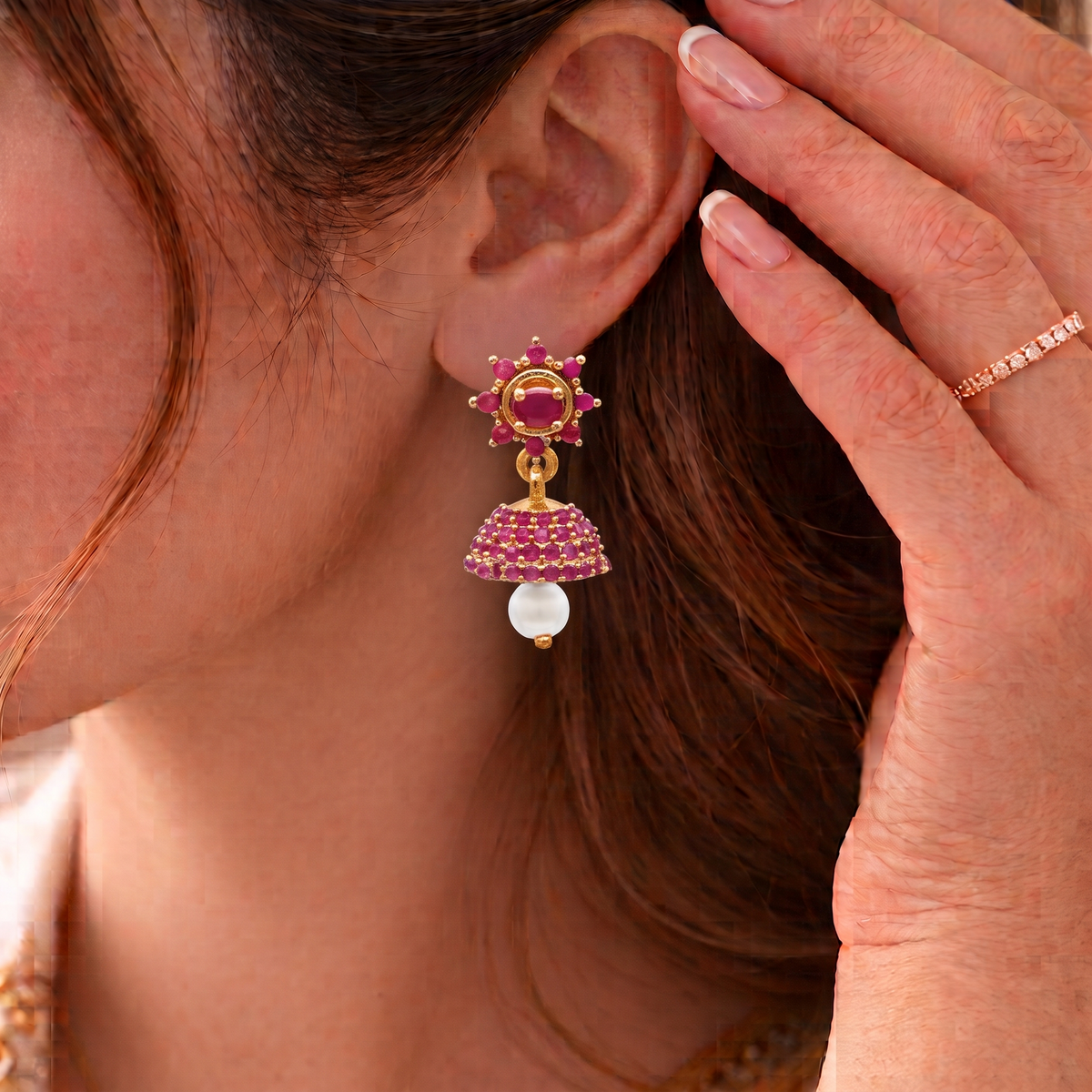 Gold Plated Brass Small Ruby Red CZ Stone Jhumki Earrings for Women