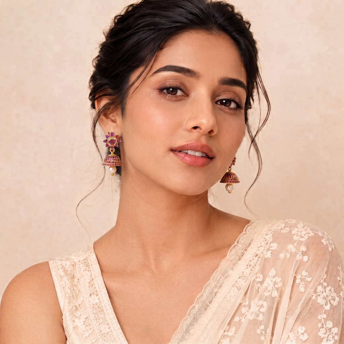 Gold Plated Brass Small Ruby Red CZ Stone Jhumki Earrings for Women