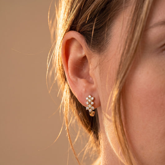 Gold Brass Clear Stone Cluster Hoop Stud Earrings