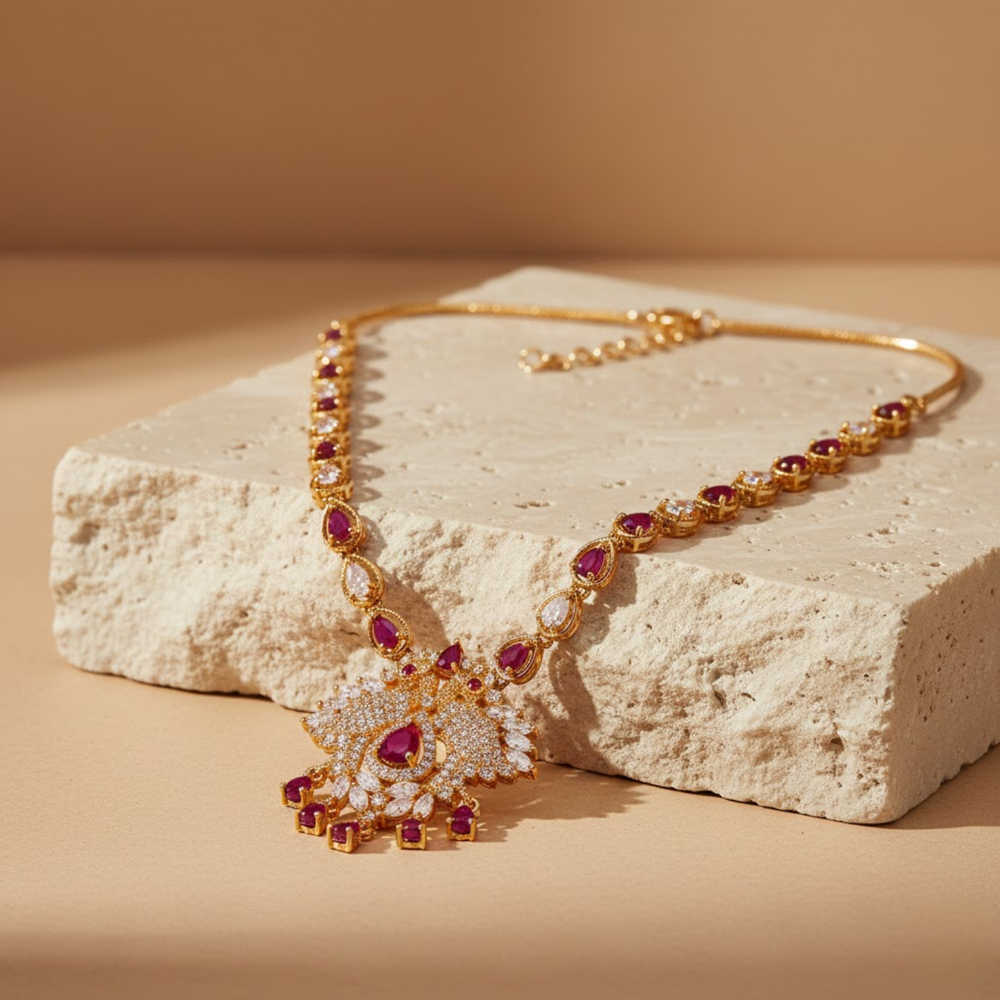 Crimson Red And White Stone Necklace Set