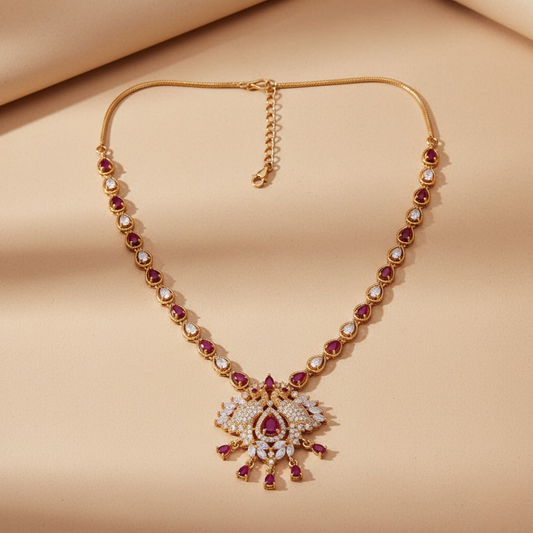Crimson Red And White Stone Necklace Set
