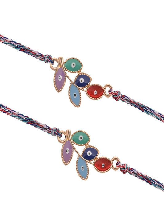 Rose Gold Flower Evil Eye Rakhi Blue Thread Pack of 2