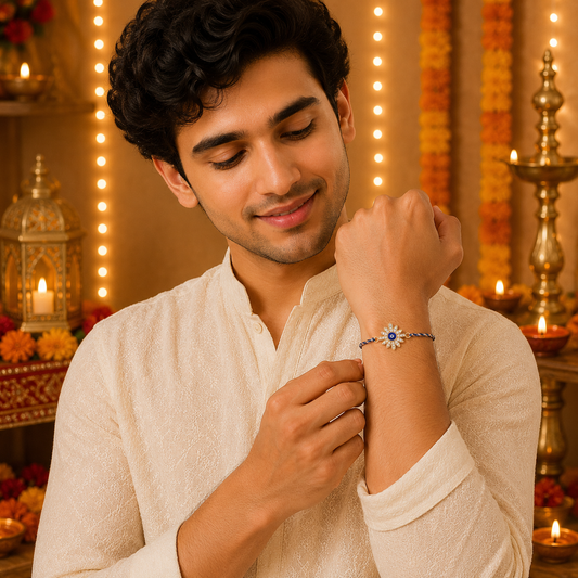 Rose Flower Evil Eye Rakhi Blue Thread