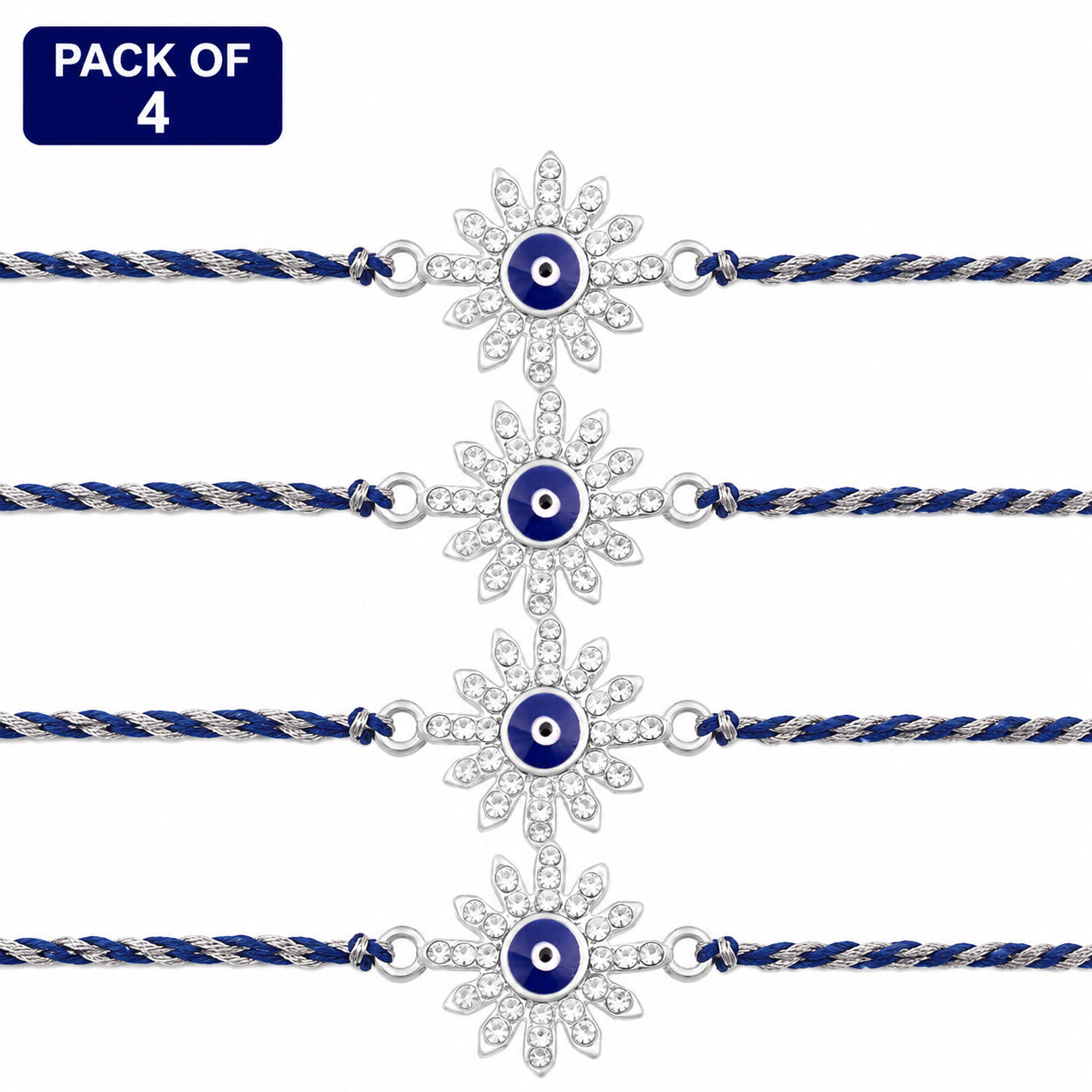 Silver Flower Evil Eye Rakhi Blue Thread