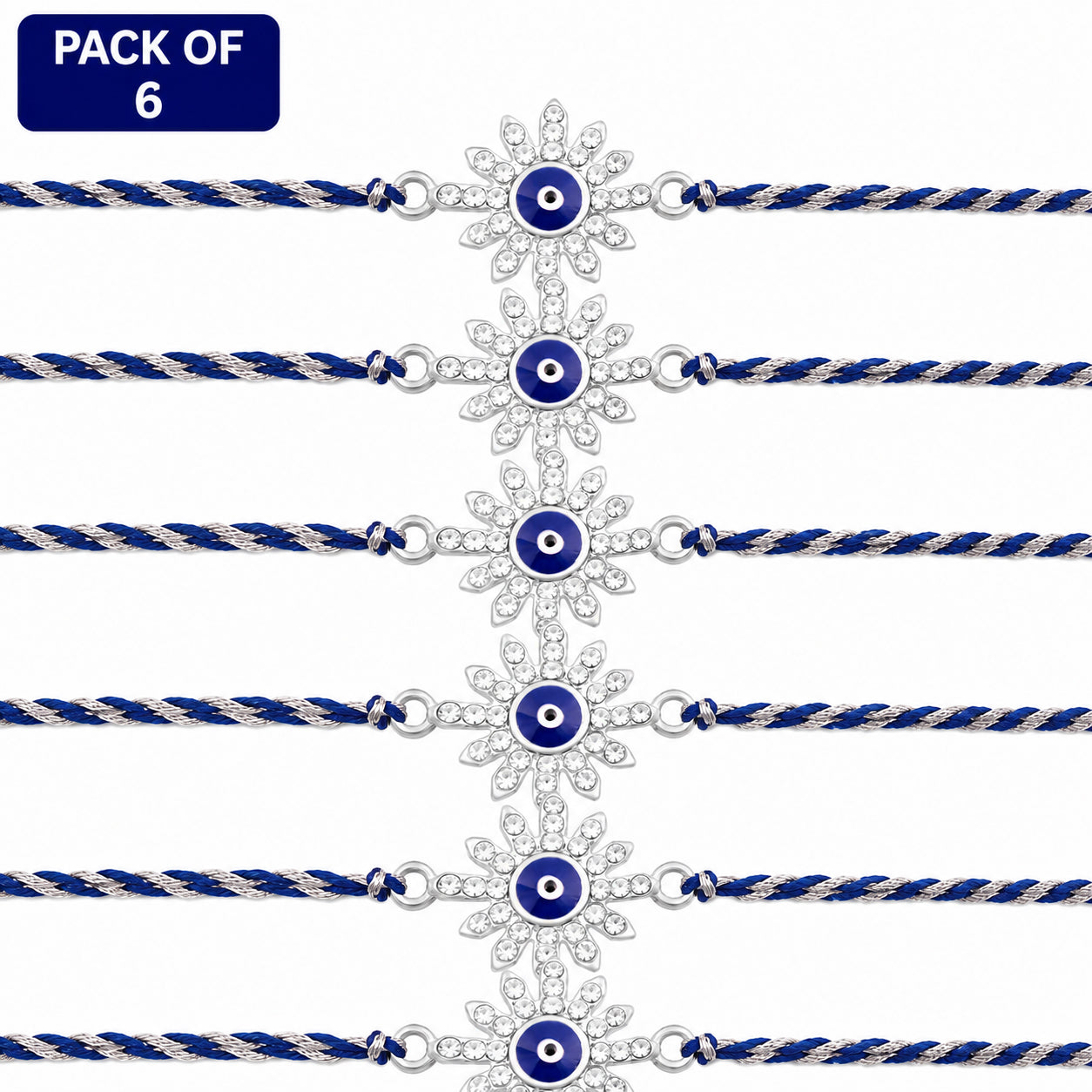 Silver Flower Evil Eye Rakhi Blue Thread