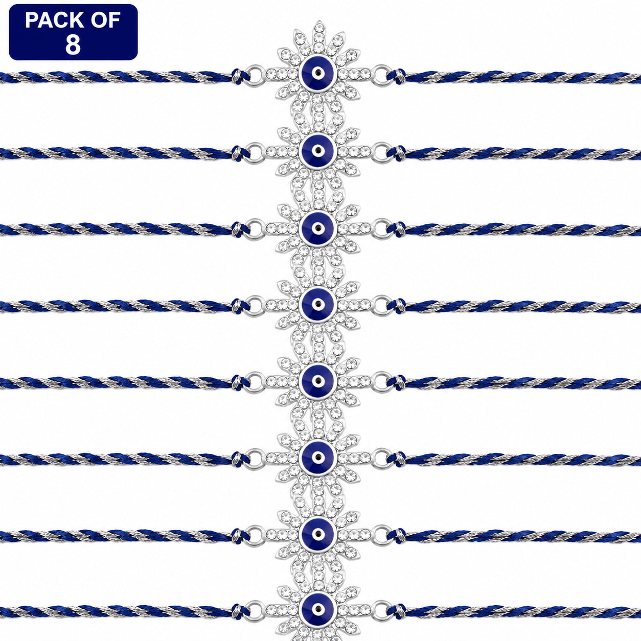 Silver Flower Evil Eye Rakhi Blue Thread