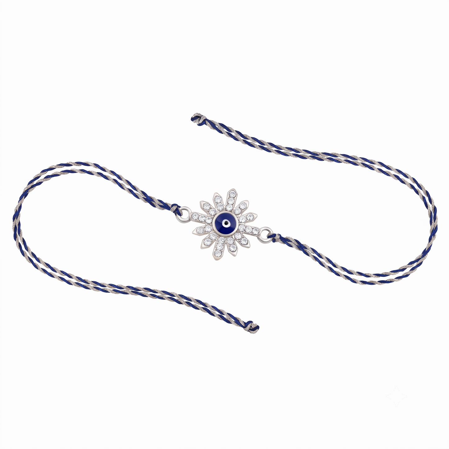 Silver Flower Evil Eye Rakhi Blue Thread