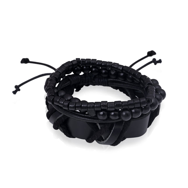 Black Boho Bracelet Set for Men | Multi-Layer Leather & Bead Wristband