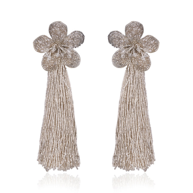 Champagne Beaded Flower Tassel Earrings