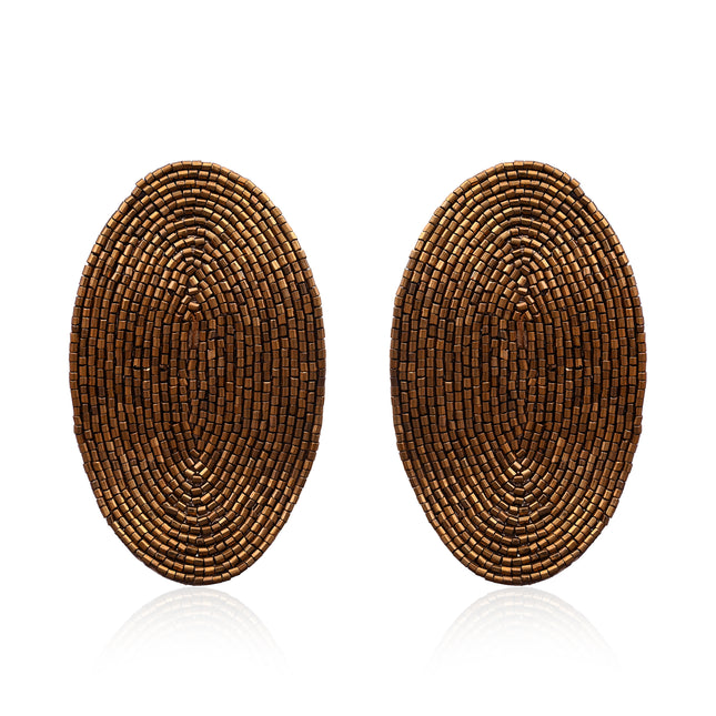Brown Beaded Oval Earrings