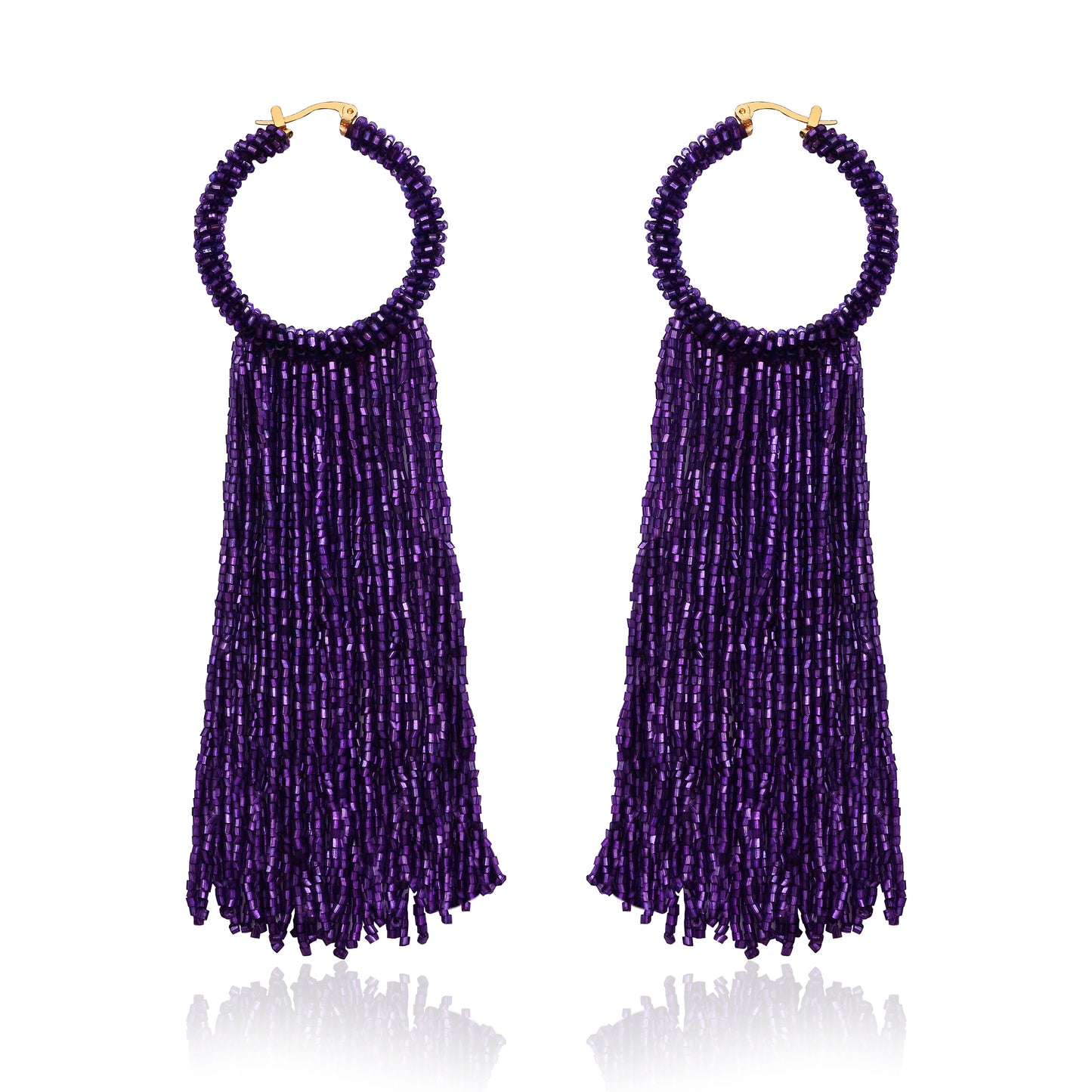 Purple Beaded Hoop Tassel Earrings