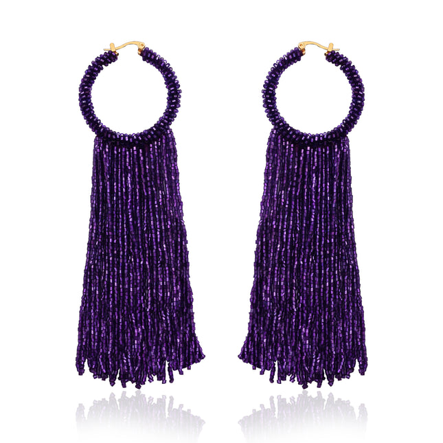 Purple Tassel Beaded Hoop Earrings