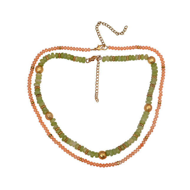 Peach & Green Beaded Layered Necklace with Gold Accents