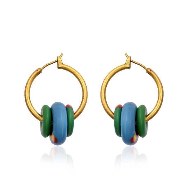 Gold Hoop Earrings with Blue & Green Resin Rings