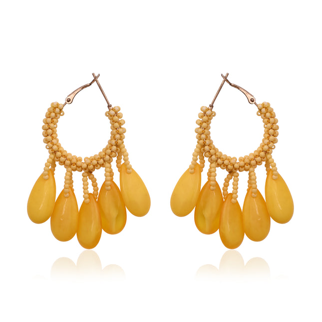 Yellow Beaded Drop Hoop Earrings