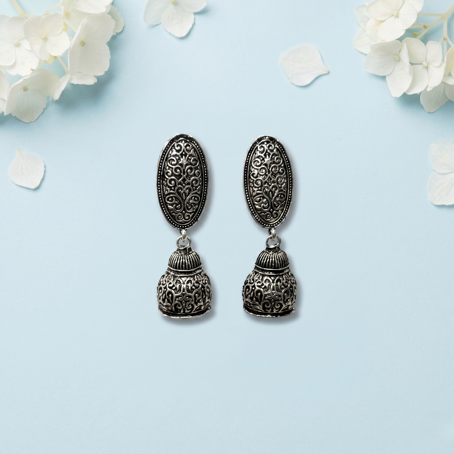 Oxidized Silver-Toned Engraved Oval Dome Dangle Earrings for Women
