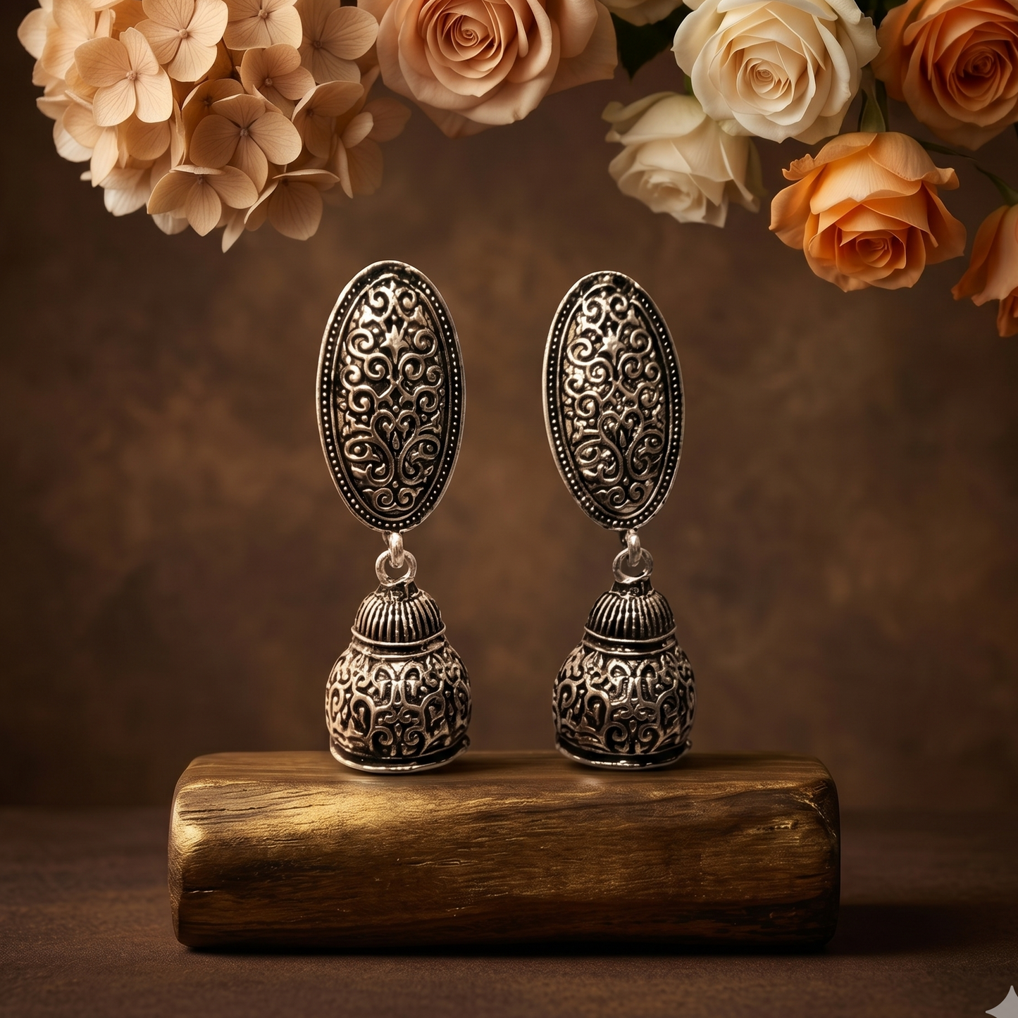 Oxidized Silver-Toned Engraved Oval Dome Dangle Earrings for Women