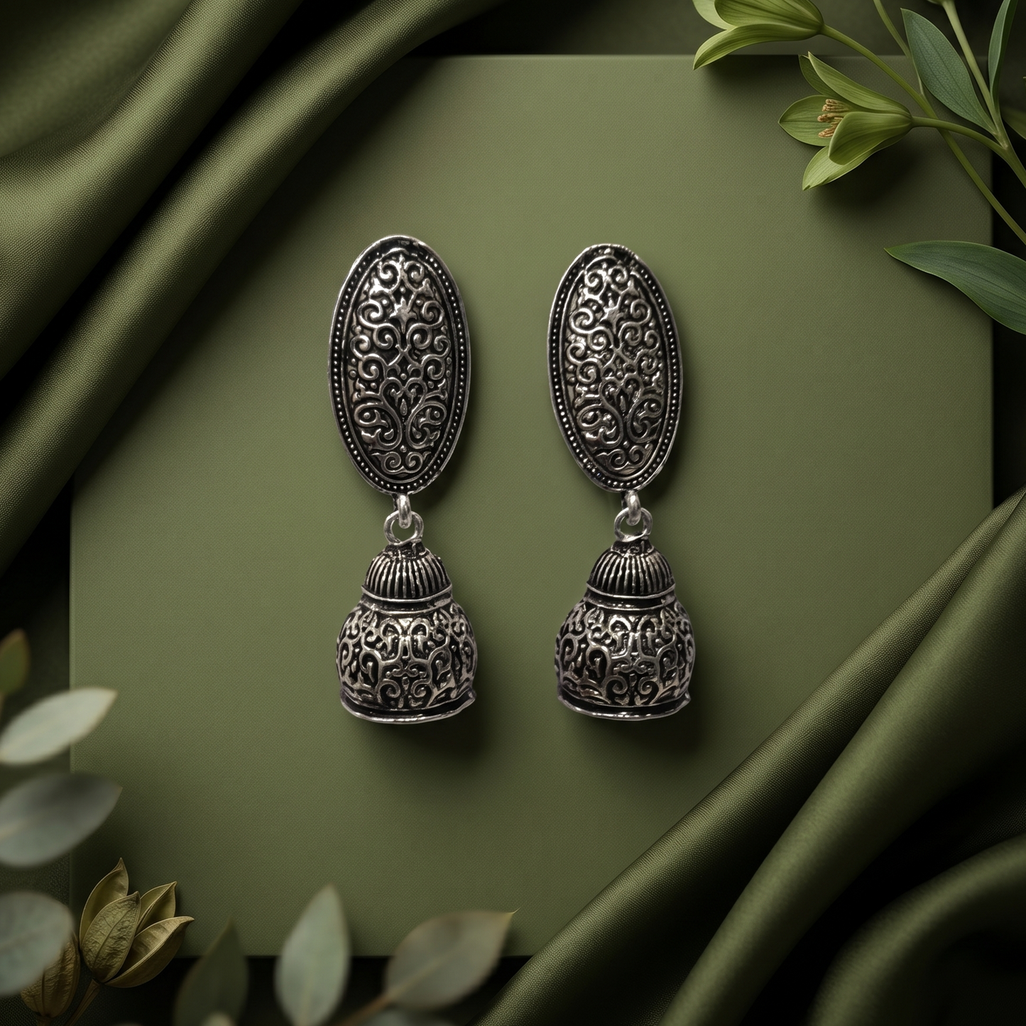 Oxidized Silver-Toned Engraved Oval Dome Dangle Earrings for Women