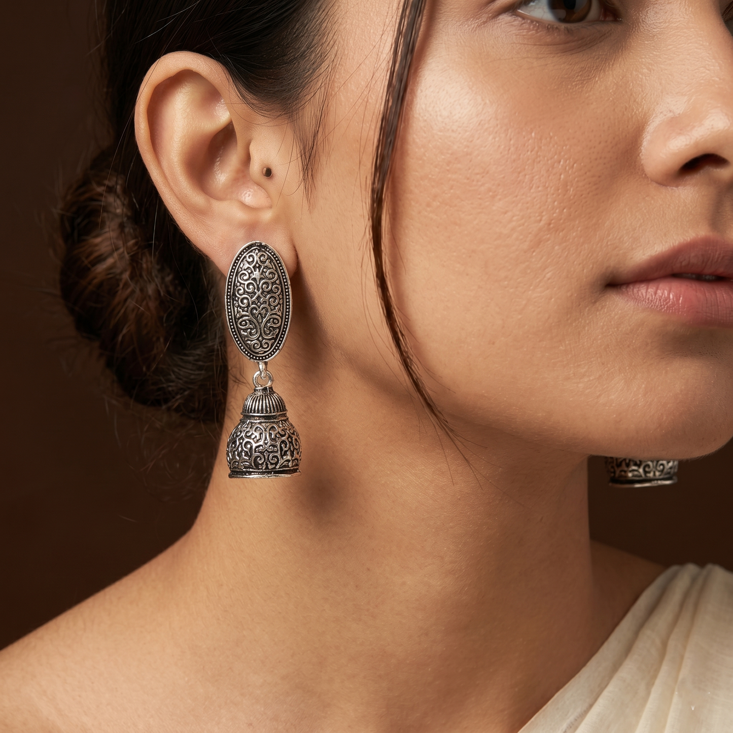 Oxidized Silver-Toned Engraved Oval Dome Dangle Earrings for Women